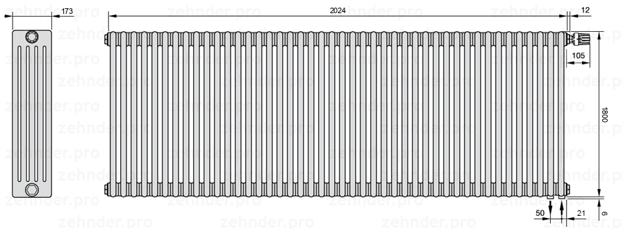 Схема (чертеж) Радиатор Zehnder Charleston 5180/44 №V002 Белый глянцевый RAL 9016